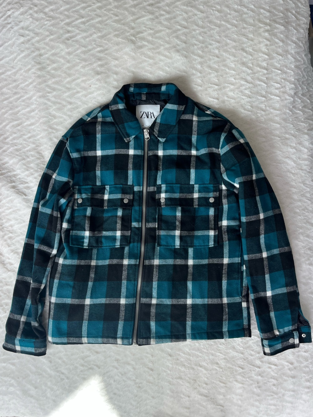 Zara Women’s Teal and Black Plaid Zip Jacket